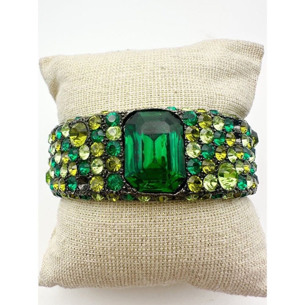 Kenneth Jay Lane KJL Cuff Bracelet Green Rhinestone READ
